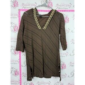 DONNA shirt or beach coverup V-Neck Knit Tunic with Gold Trim